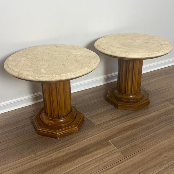 MCM Mahogany & Marble Low Fluted Column Drink/Side Tables