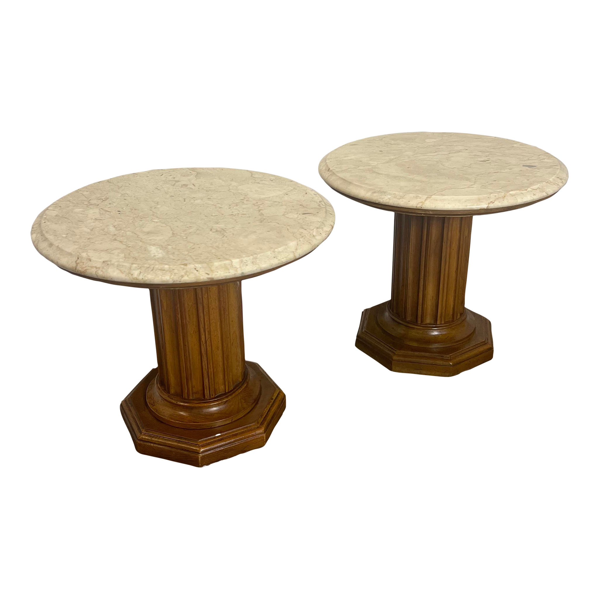 MCM Mahogany & Marble Low Fluted Column Drink/Side Tables