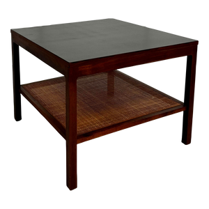 70s Walnut Side Table With Cane Shelf
