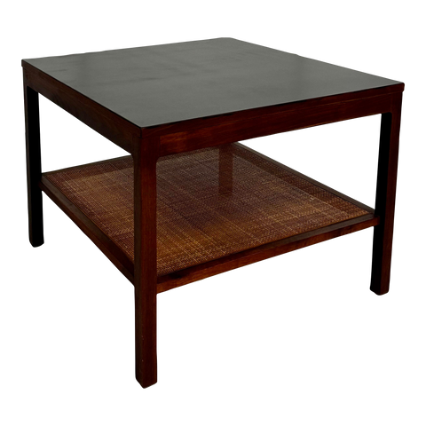 70s Walnut Side Table With Cane Shelf