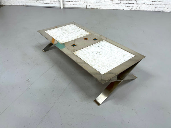 70s French Roche Bobois Nickel & Ceramic Tile Coffee Table