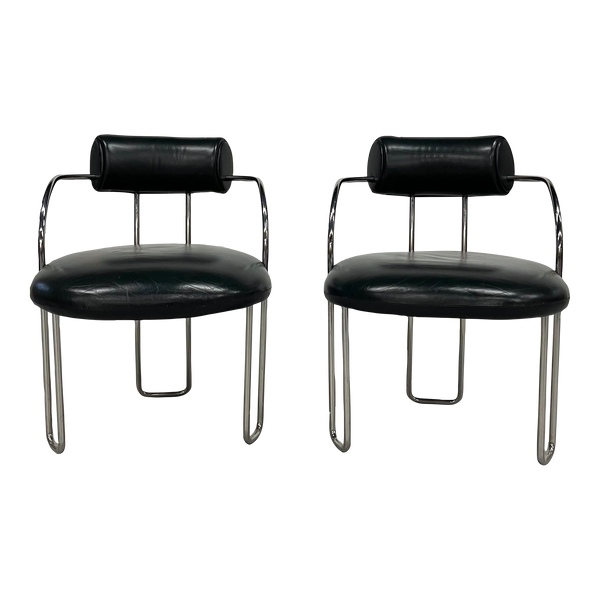 Pair of Poltrona Frau Style Chrome & Leather Chairs