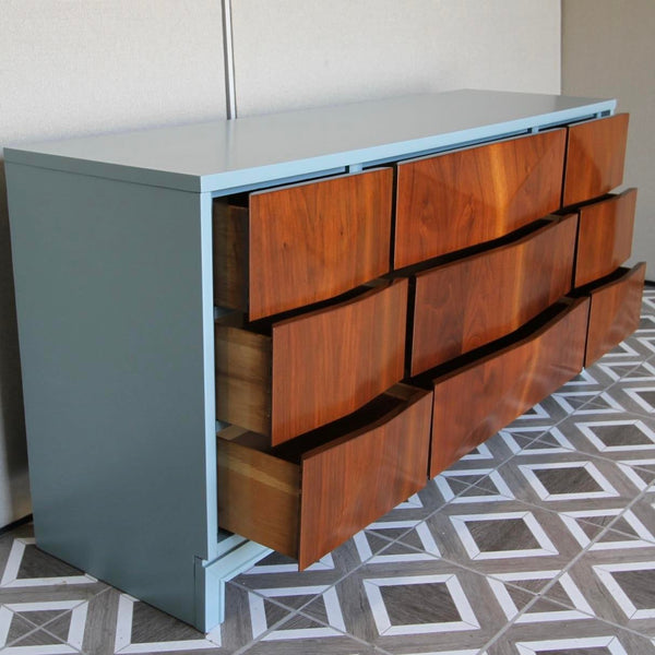 MCM 9-Drawer Dresser by United Furniture With Grey Trim